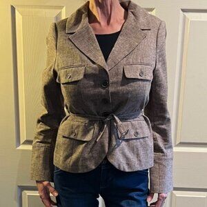 H&M Tweed Safari Jacket with Belt in Brown Beige (Size 12)